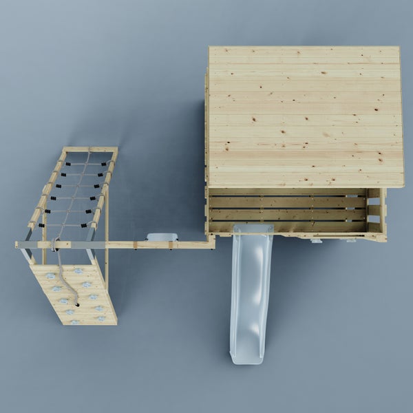 Spielturm aus Holz mit Rutsche, Schaukel, Kletterwand und Spielhaus für den Garten.