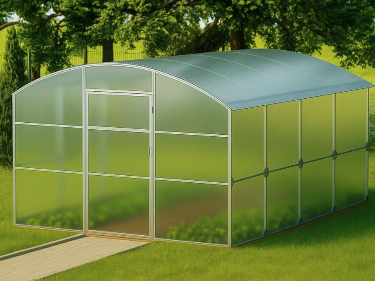 Gewächshaus mit Tür auf einer Rasenfläche