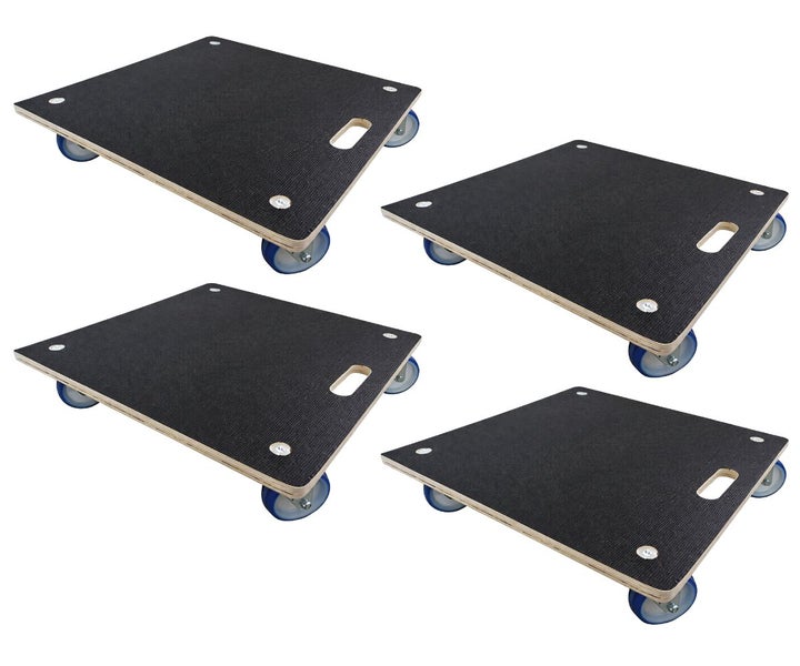 Vier Möbelroller aus Holz mit Rollen und Griffloch