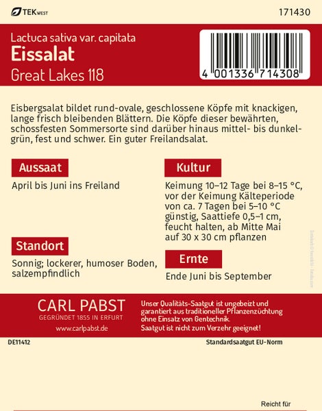 Rückseite der Samentüte für Eissalat Great Lakes 118 von Carl Pabst mit Anbauinformationen. TEKWEST Logo und Carl Pabst Logo.