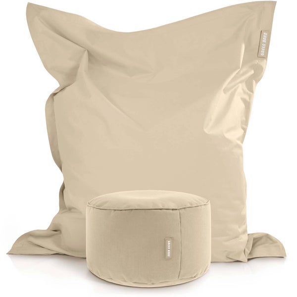 Green Bean 2er Set XXL Sitzsack inkl. Pouf fertig befüllt mit EPS-Perlen - Riesensitzsack 140x180 Lounge Sitz-Kissen Bean-Bag Chair  - Beige