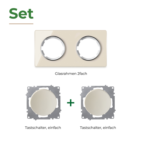 Set bestehend aus einem zweifachen Glasrahmen und zwei einzelnen Tastschaltern für die Elektroinstallation.