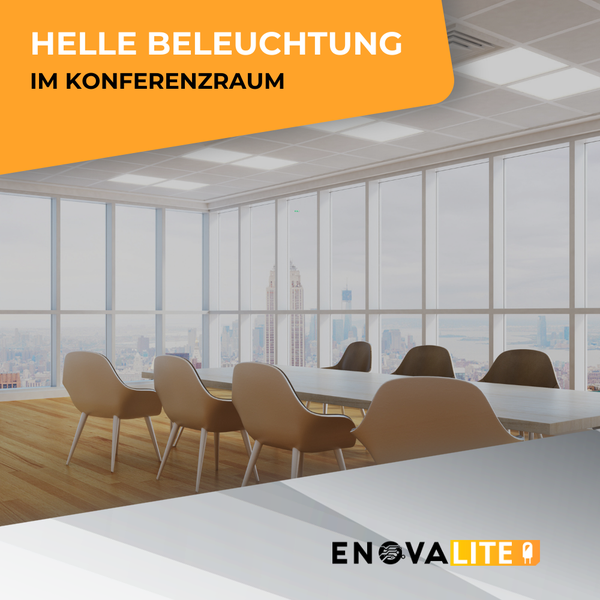 Heller Konferenzraum mit moderner Beleuchtung und Blick auf eine Stadtkulisse, Enovalite Logo.