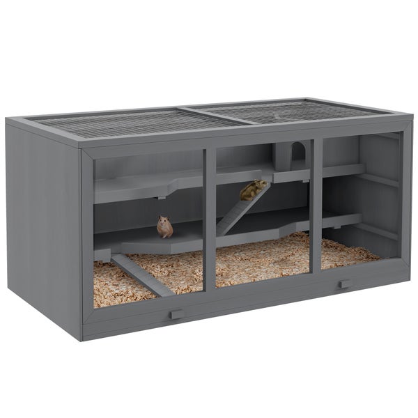 PawHut Zwerghamsterkäfig Nagerkäfig Kleintierstall aus Holz Mäusekäfig mit Treppen Kleintierkäfig Nagervilla Dreistöckig Grau 115 x 57 x 55 cm