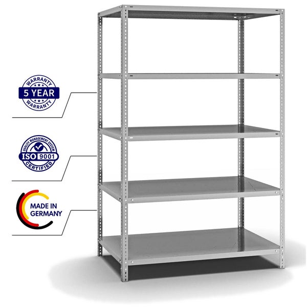 PROREGAL Fachbodenregal Schraubsystem Medium-Duty Grundregal HxBxT 200 x 130 x 80 cm 5 Ebenen Fachlast 200 kg Beidseitig Nutzbar Verzinkt