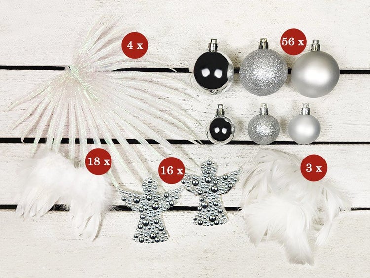 Weihnachtsbaumschmuck Set mit 56 Kugeln, 18 Federn, 16 Engeln und 3 Federdekorationen in verschiedenen Größen