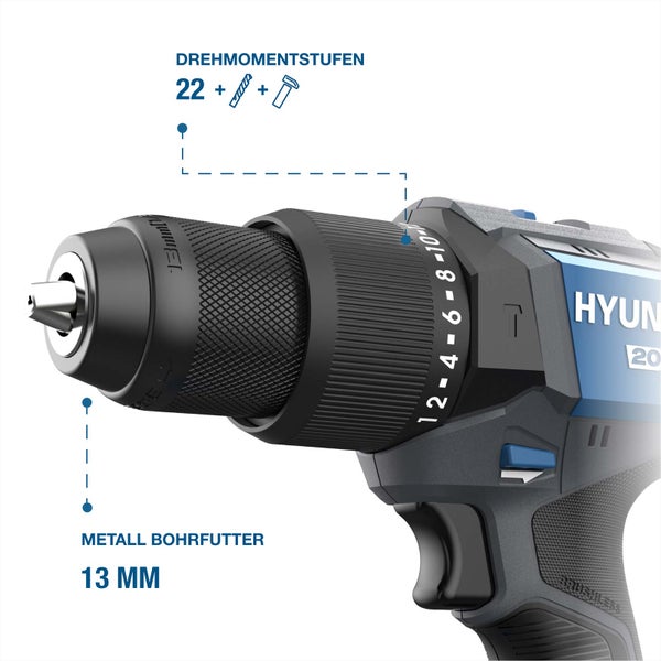 Detailansicht eines Hyundai Akku Schraubers mit 13 Millimeter Metallbohrfutter und 22 Drehmomentstufen sowie Bohr- und Schlagbohrfunktion.