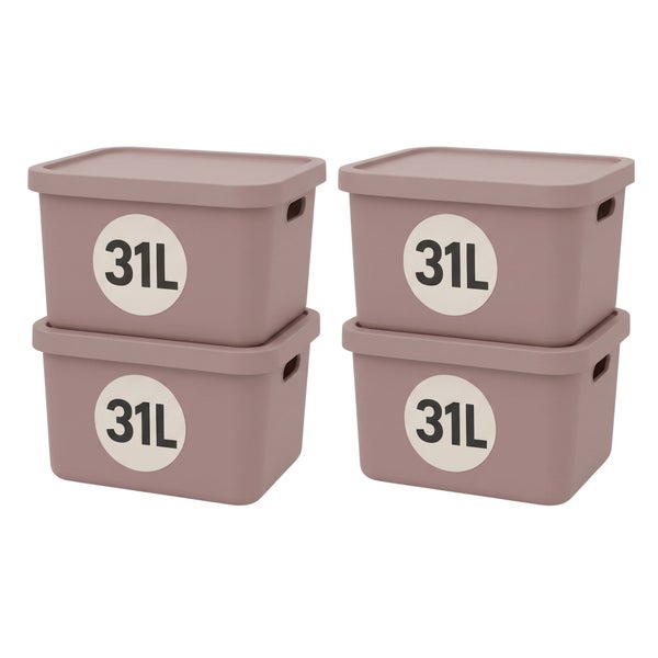 Set aus vier stapelbaren Kunststoff Aufbewahrungsboxen mit Deckel und einem Volumen von je 31 Litern