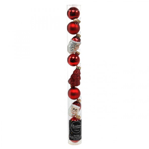 Weihnachtsbaumschmuck-Set mit Weihnachtskugeln, Weihnachtsmannfiguren und Weihnachtsbaumfigur in einer durchsichtigen Röhre