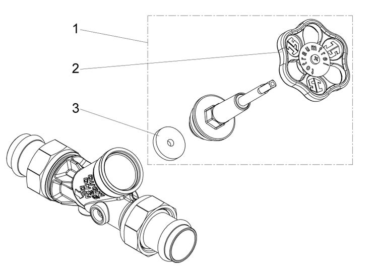 Explosionszeichnung eines Ventils mit Handrad, Ventiloberteil und Dichtung, nummeriert von eins bis drei.