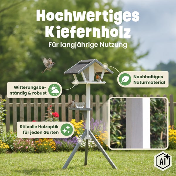 Vogelhaus aus Kiefernholz mit Ständer für den Garten, witterungsbeständig mit Dach und integrierter Vogeltränke sowie Futtersilo.