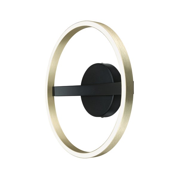 Moderne LED-Wandleuchte in Ringform mit gebürstetem goldfarbenem Metallring und schwarzer Wandhalterung.