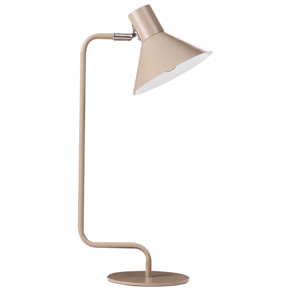 Moderne Schreibtischlampe aus Metall in Beige mit verstellbarem, kegelförmigem Lampenschirm und rundem Standfuß.