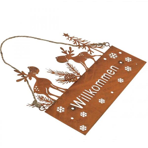 Dekoratives Willkommensschild mit Hirschmotiven und Schneeflocken