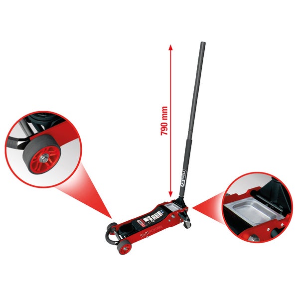 Rangierwagenheber mit einer Höhe von 790 mm, inklusive Detailansichten von Rad und Ablagefach