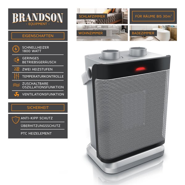 Brandson Heizlüfter, Keramikheizlüfter 1800W, 2 Leistungsstufen, Thermostat, Oszillation 80°, Überhitzungsschutz, Automatische Abschaltung