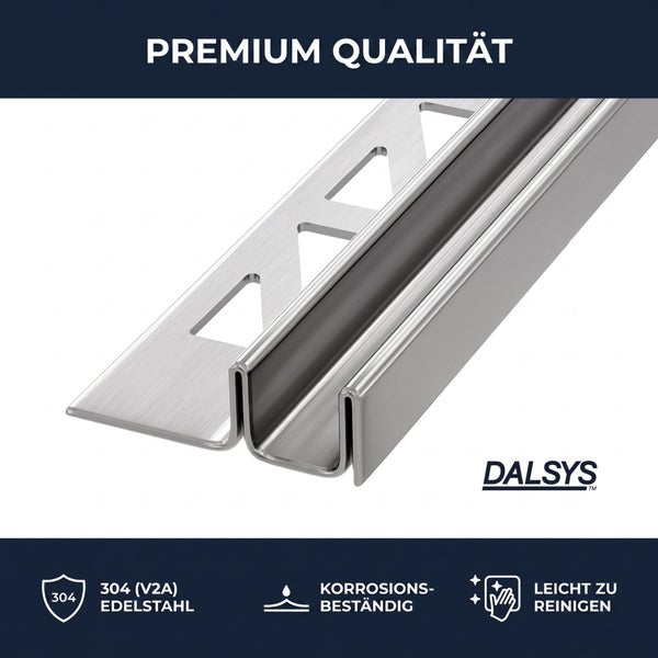 Dalsys Logo. Dehnfugenprofil aus Edelstahl 304 mit flexibler Einlage, korrosionsbeständig und leicht zu reinigen.