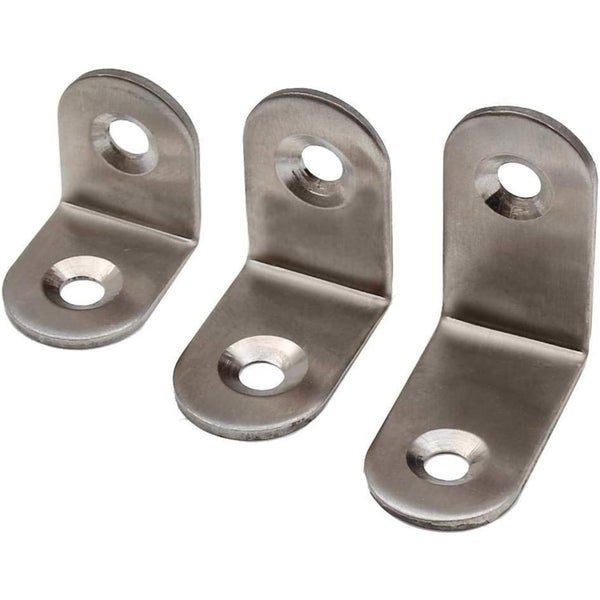 Drei abgewinkelte Metallverbinder mit jeweils zwei Senkkopfbohrungen zur stabilen Montage von Holzverbindungen.