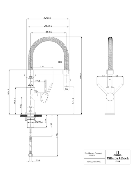 Villeroy & Boch Steel Expert Compact Küchenarmatur, Hochdruck, Wasserhahn Küche mit Umschaltfunktion und schwenkbarem Auslauf, Spültischarmatur wassersparend, Auslauf Höhe 143mm, Anthracite