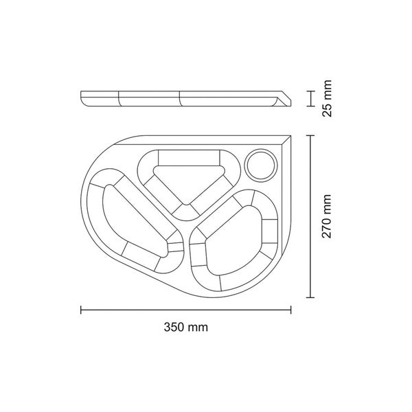 Technische Zeichnung eines Eckbausatzes mit Maßen 350 mm mal 270 mm und einer Höhe von 25 mm.