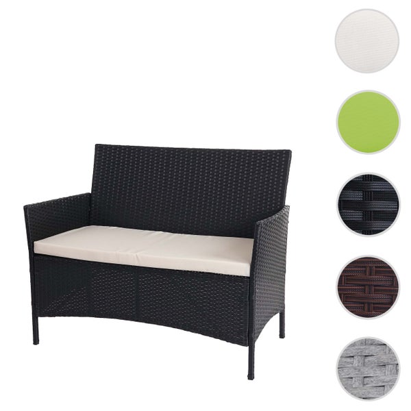 Zweisitzer-Gartenbank aus Polyrattan mit Sitzkissen sowie Farbbeispielen für Geflecht und Polster.