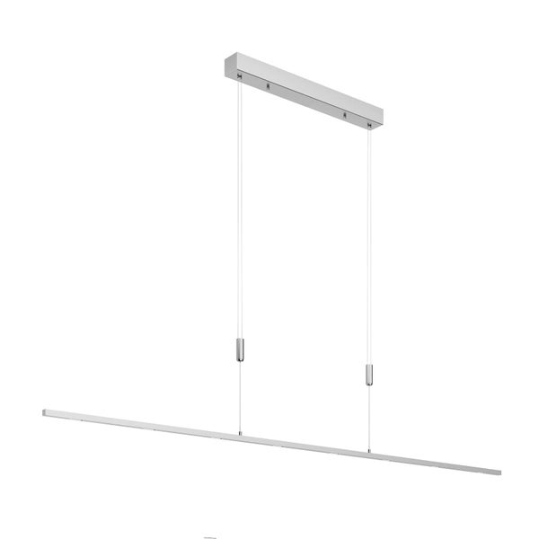 Moderne höhenverstellbare silberne LED-Pendelleuchte in minimalistischem linearem Design mit rechteckiger Deckenbefestigung.