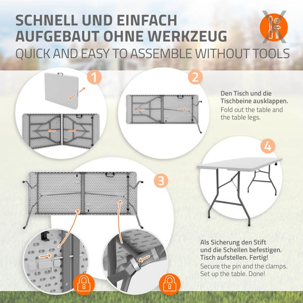 ML-Design Campingtisch klappbar Weiß 180x74 cm, Kunststoff, Klapptisch mit Tragegriff, Falttisch für Garten, Terrasse, Balkon, Gartentisch 6 Personen, Buffettisch Partytisch Koffertisch Flohmarkttisch