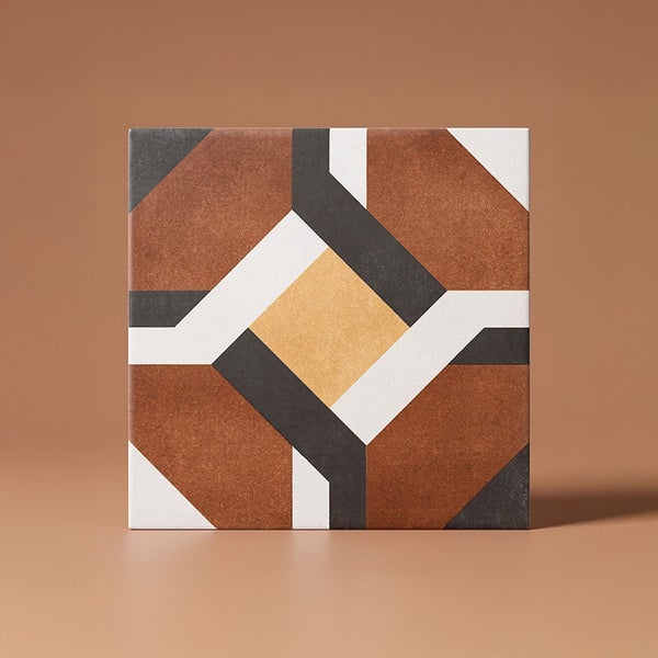 Quadratische Wandfliese oder Bodenfliese mit geometrischem Muster aus Linien und Flächen
