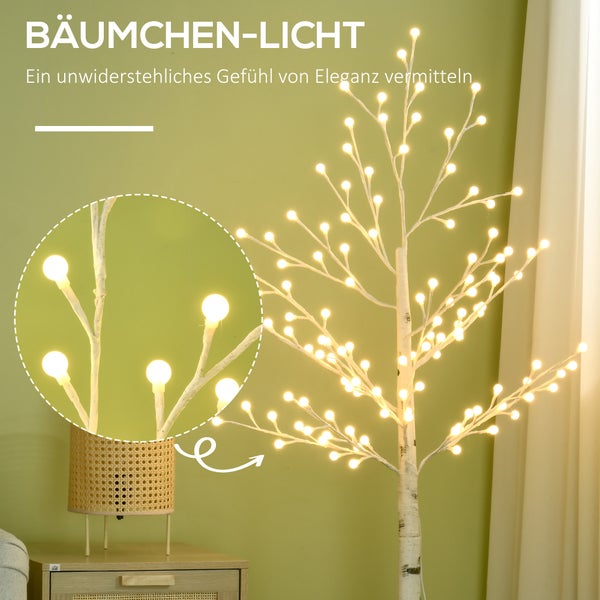 HOMCOM 150 cm Lichterbaum, Birkenbaum mit 120 Warmweiß 3 Helligkeitsstufen LED, Weihnachtsbaum Birken, Led Baum Kunstbirke für Party, Geburtstag, Hochzeit IP44 Weiß