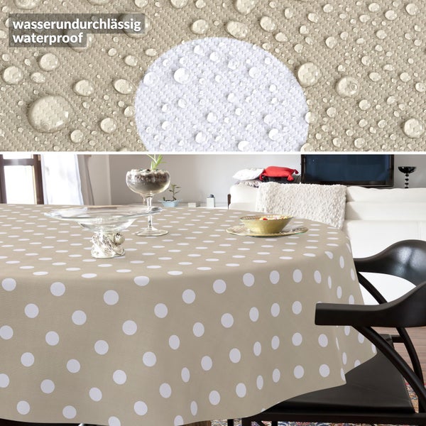 Wasserdichte runde Tischdecke mit weißen Punkten auf beigem Grund und Detailansicht der wasserabweisenden Oberfläche.