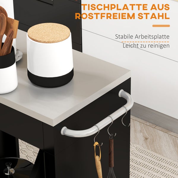 HOMCOM Küchenwagen mit Rollen, Servierwagen, Küchentrolley mit Schrank, Haken und Edelstahlgriffe, Rollwagen, Küchenhilfe, Schwarz, 86 x 50 x 86,5 cm