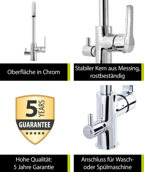 'aquaSu® Spültischarmatur Rego mit Geräteanschluss, Wasserspar-Mischdüse, Kosten-sparende Kaltwassermittelstellung, hoher Auslauf, Keramikkartusche, Messingkern, verchromt, 797122