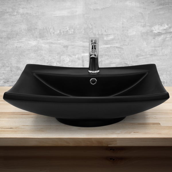 ML-Design Waschbecken aus Keramik in Schwarz Matt, 61x45,5x18,5 cm, Aufsatzwaschbecken mit Überlauf und Hahnloch, Moderne Waschtisch, Waschschale Waschplatz Handwaschbecken, für Badezimmer/Gäste-WC
