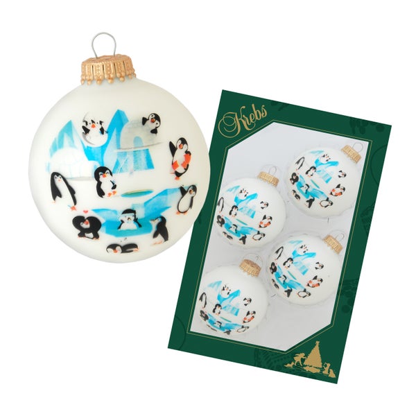 Weiß matt 7cm Glaskugel mit Pinguinen dekoriert, 4 Stck., Weihnachtsbaumkugeln, Christbaumschmuck, Weihnachtsbaumanhänger