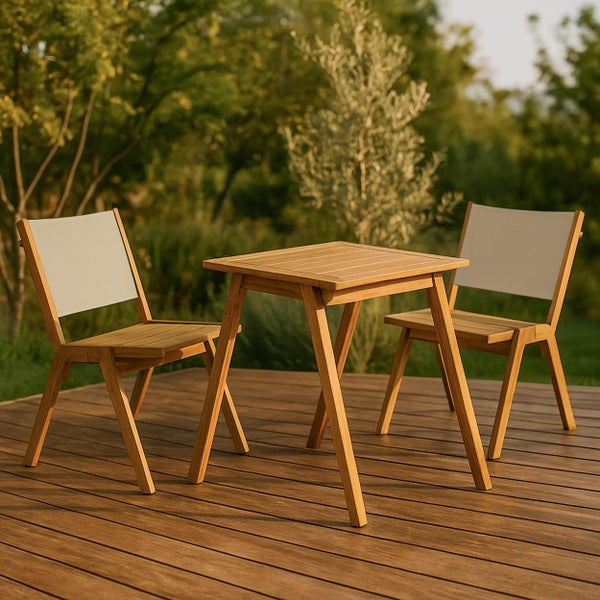 Gartenmöbel-Set aus Holz bestehend aus einem quadratischen Tisch und zwei Stühlen mit weißer Rückenlehne auf einer Holzterrasse.