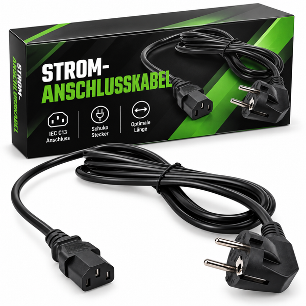Stromanschlusskabel mit Schutzkontaktstecker und Kaltgerätestecker IEC C13 inklusive Produktverpackung.