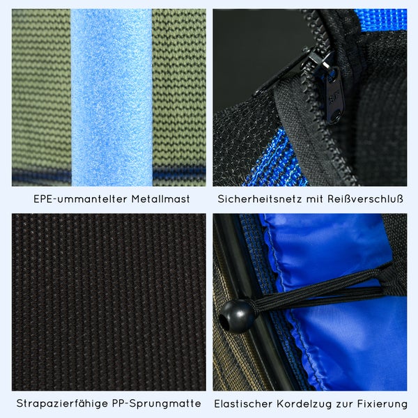 Detailansichten eines Trampolins: EPE-ummantelter Metallmast, Sicherheitsnetz mit Reißverschluss, strapazierfähige PP-Sprungmatte und elastischer Kordelzug zur Fixierung.