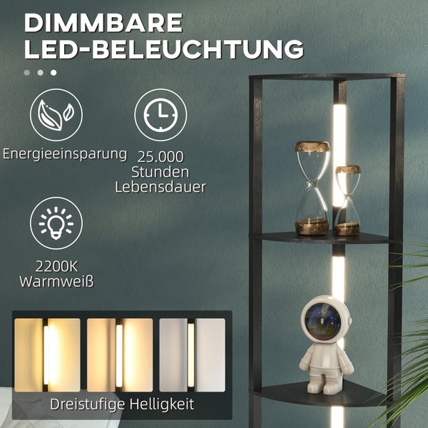 Eckregal mit dimmbarer LED-Beleuchtung, 2200 Kelvin warmweiß, 25.000 Stunden Lebensdauer und drei Helligkeitsstufen.