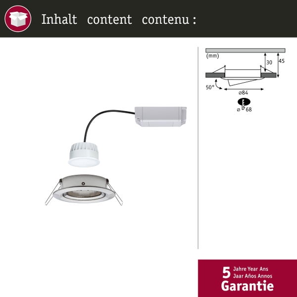 Lieferumfang Einbauleuchte mit LED-Modul und Treiber, technische Zeichnung mit 68 Millimeter Lochausschnitt und 5 Jahre Garantie.