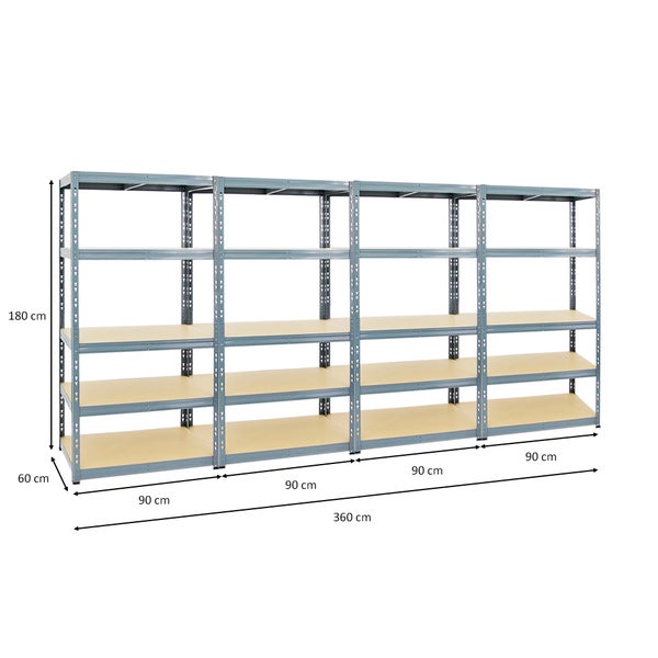 PROREGAL Mega Deal 4x Schwerlastregal Tiger HxBxT 180 x 90 x 60 cm Fachlast 265 kg 5-Ebenen Grau