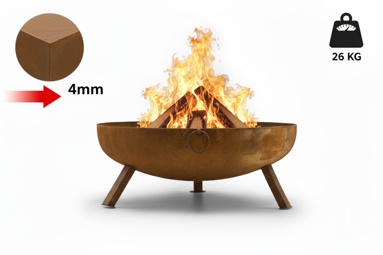 The Favilla BOMBE Feuerbecken Cortenstahl Ø 79 cm – Runde Feuerschale aus 4 mm Stahl – Wetterfest & Standsicher – Rostoptik Feuerstelle für Garten, Terrasse & Camping – Hochwertiges Outdoor Feuerbecken (26 kg)
