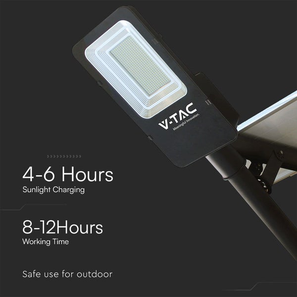 V-TAC Logo auf einer LED-Solarleuchte mit Ladezeit und Betriebszeitangaben.