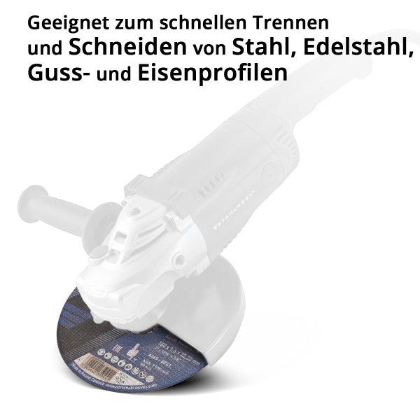 Trennscheibe für Winkelschleifer zum Trennen und Schneiden von Stahl, Edelstahl sowie Guss- und Eisenprofilen.