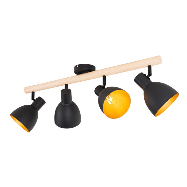 Deckenstrahler mit vier verstellbaren Leuchtenköpfen an einem Holzbalken für eine moderne Raumbeleuchtung