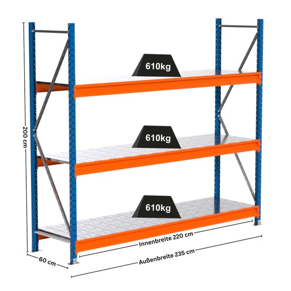 Lagerregal mit drei Ebenen, Höhe 200 cm, Innenbreite 220 cm, Außenbreite 235 cm und Tiefe 60 cm, maximale Traglast pro Ebene 610 kg