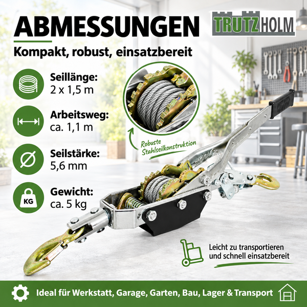 Trutzholm Seilzug mit Stahldrahtseil, 2 mal 1,5 Meter Laenge, 5,6 Millimeter Staerke, fuer Werkstatt, Garten und Bau.