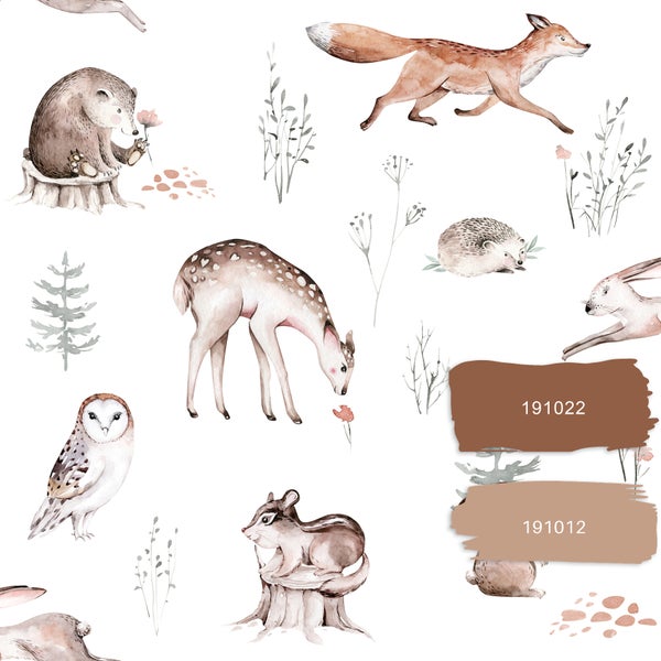 Illustration mit Waldtieren wie Fuchs, Hirsch, Hase, Bär, Eule und Eichhörnchen