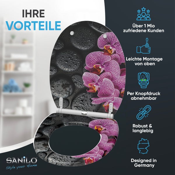 Sanilo WC-Sitz, Orchideen und Steine. Montage von oben, abnehmbar, robust, über eine Million Kunden, in Deutschland entworfen, Sanilo Logo.