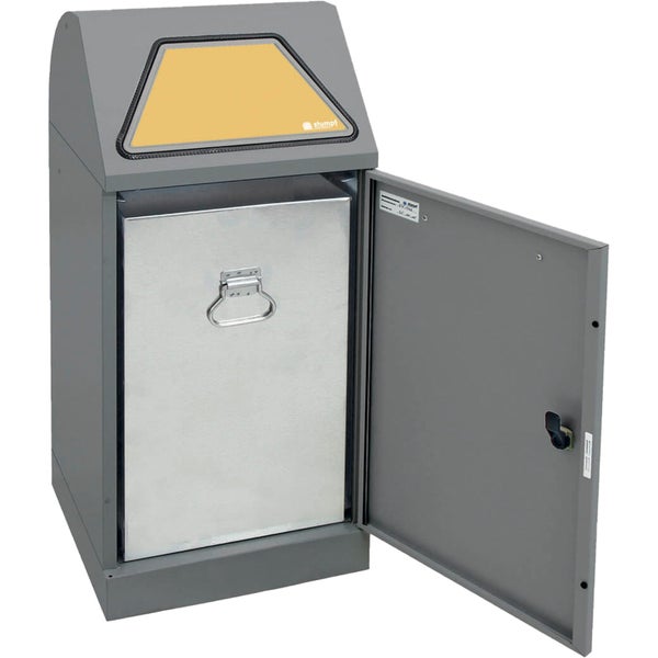 Abfallbehälter mit Metalleinsatz und offener Tür