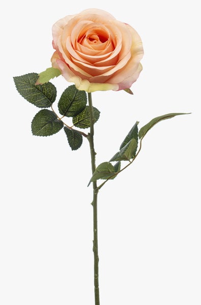 Künstliche Rose mit lachsfarbener Textilblüte und grünem Stiel mit Blättern.